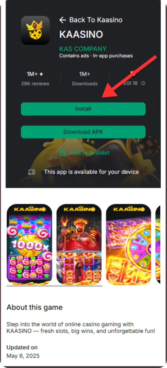 Android screen with the APK install prompt for a casino app