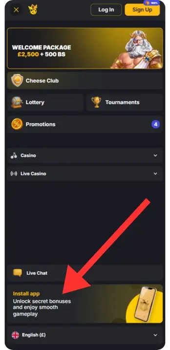 Casino website showing the iOS app download button
